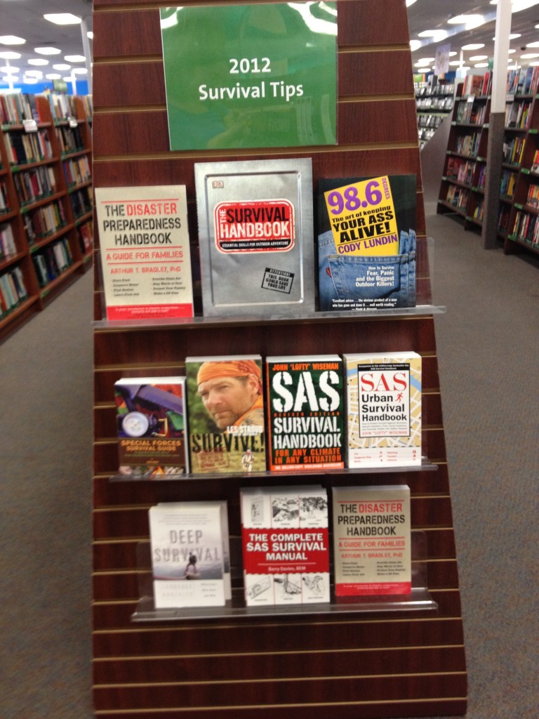 Endcap at bookstore displaying survivalist literature